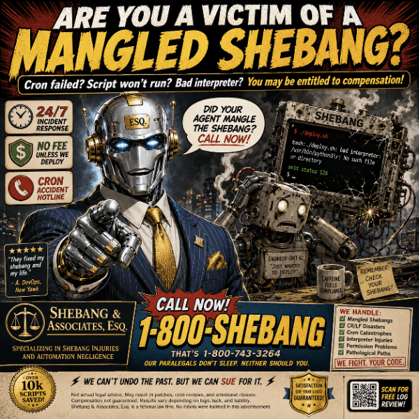 Mock late-night TV lawyer ad — 'Shebang & Associates, Esq.' specializing in shebang injuries and automation negligence. A chrome robot attorney points at the viewer next to a terminal showing 'bad interpreter: No such file or directory, exit status 126.'