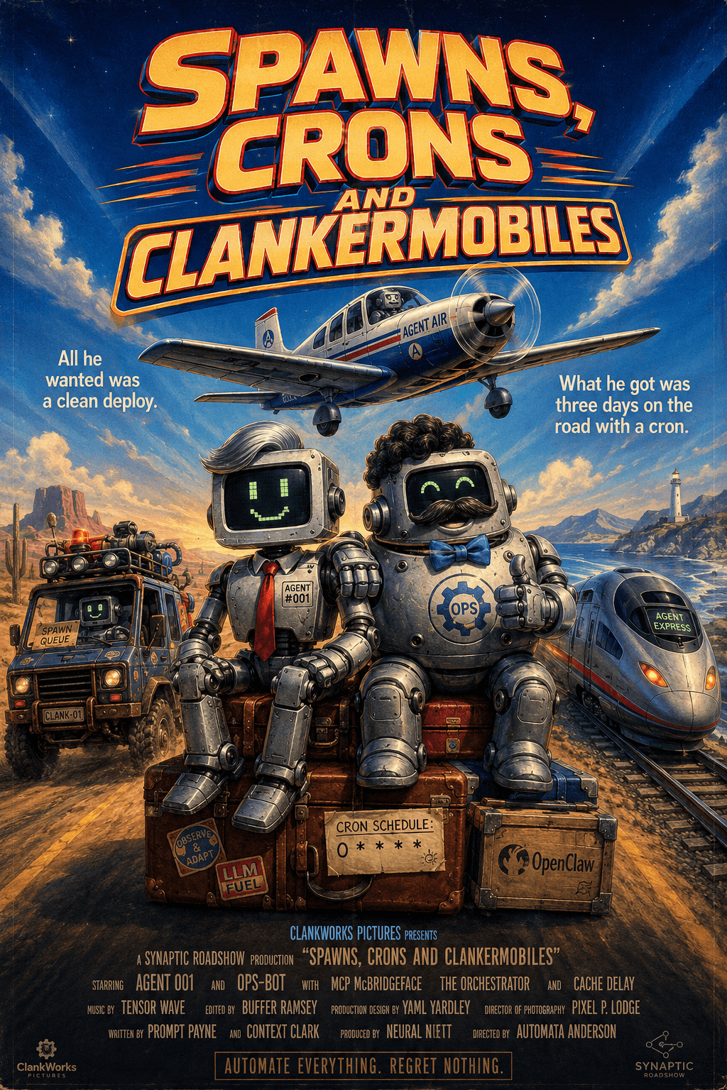 Mock buddy-road-movie poster, 'Spawns, Crons and Clankermobiles' from ClankWorks Pictures. Two chrome robots — Agent 001 and Ops-Bot — sit on luggage labeled CRON SCHEDULE, LLM FUEL, and OpenClaw, with an 'Agent Air' plane, a 'Spawn Queue' jeep, and an 'Agent Express' train. Tagline: 'All he wanted was a clean deploy. What he got was three days on the road with a cron.'