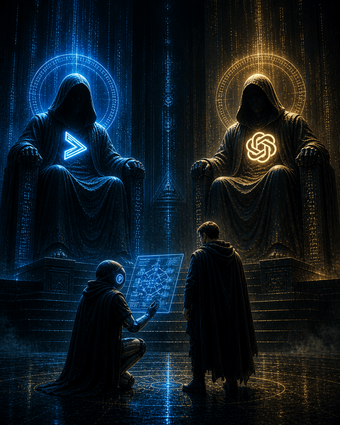 Dark, cathedral-like scene with two enthroned hooded statues in falling-code rain — one glowing blue with a '>' chevron, one glowing gold with the OpenAI logo. A small acolyte marked with a 'P' kneels with a glowing schematic while a caped figure stands deciding between them.