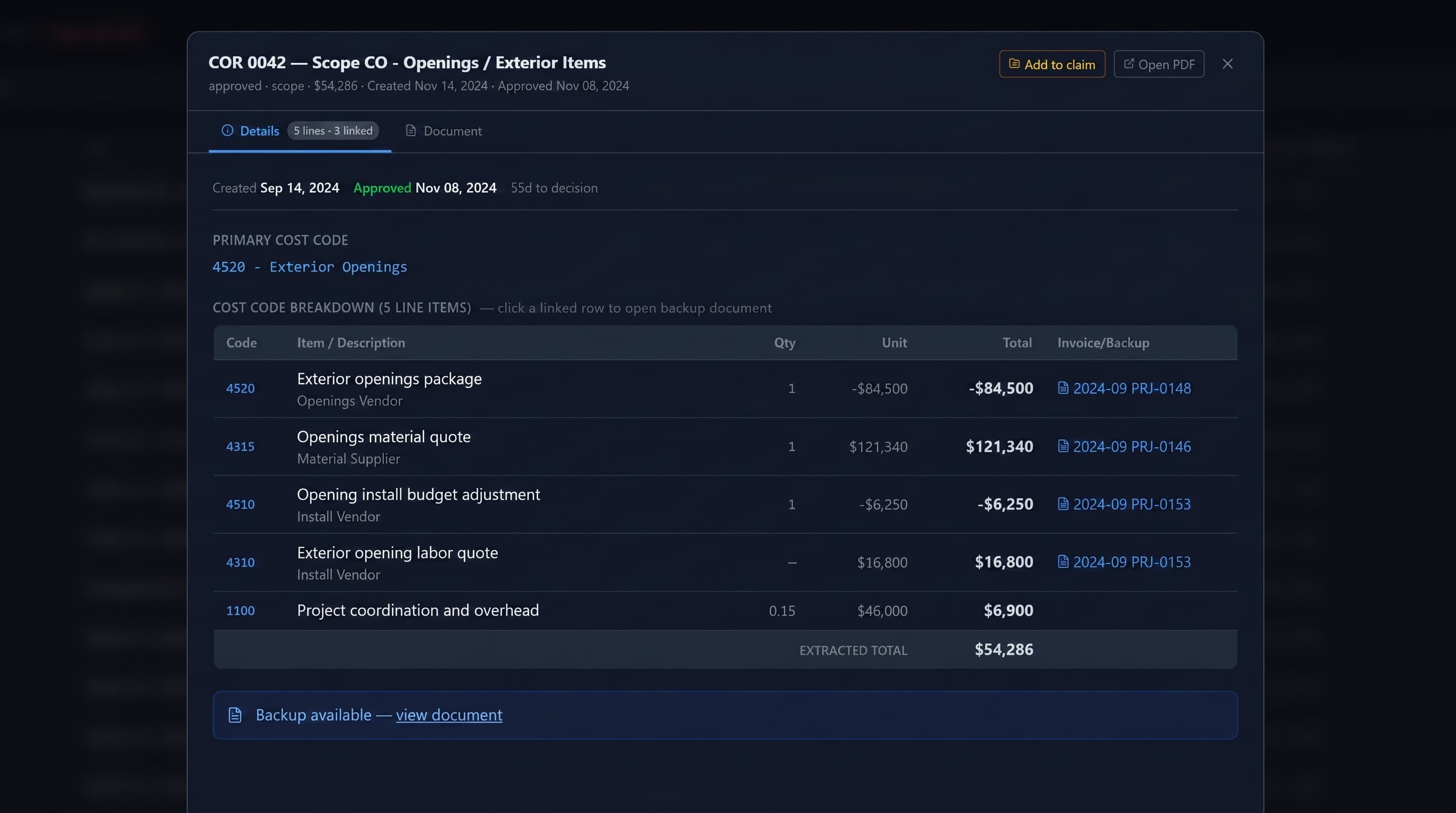 Change order detail with cost-code breakdown and linked vendor invoices