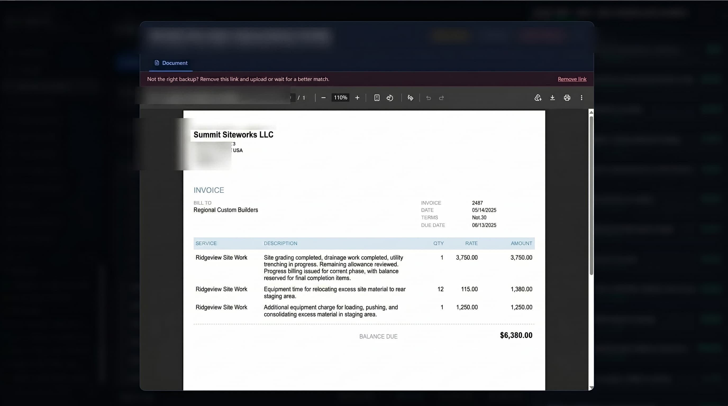 Source vendor invoice linked to a claim line item