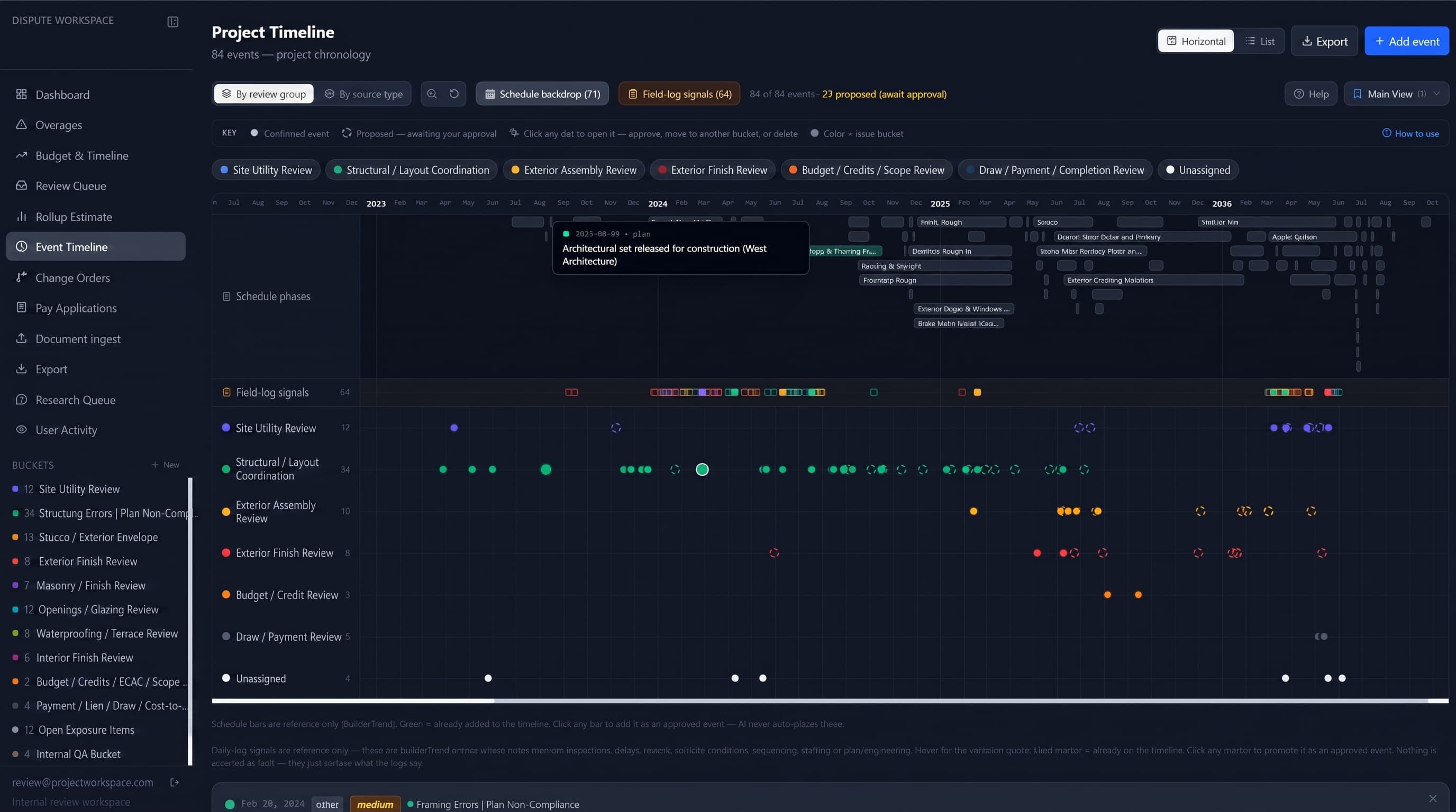 Construction dispute workspace — project event timeline